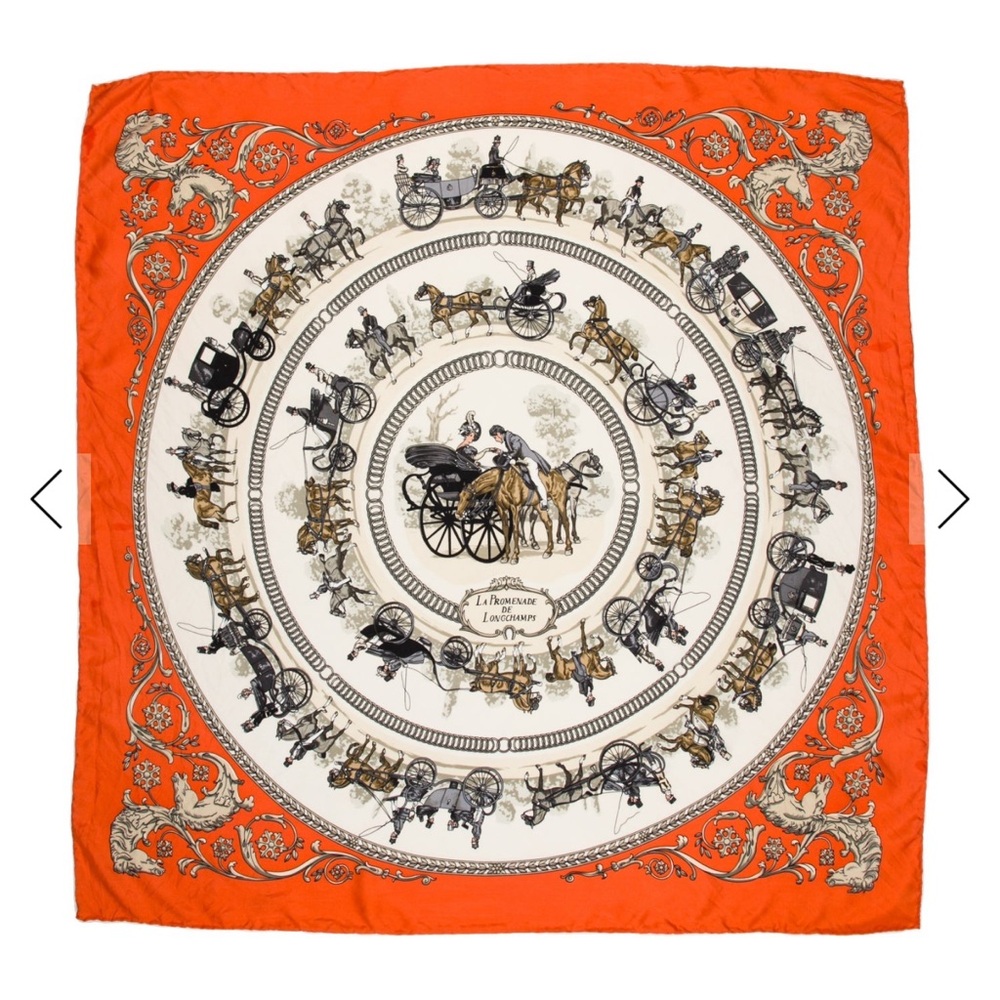 Authentic Hermes Orange and White Equestrian Print Scarf